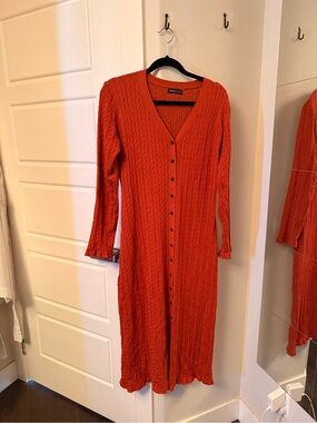 Orange Long-Sleeve Cable Knit Button-Front Dress